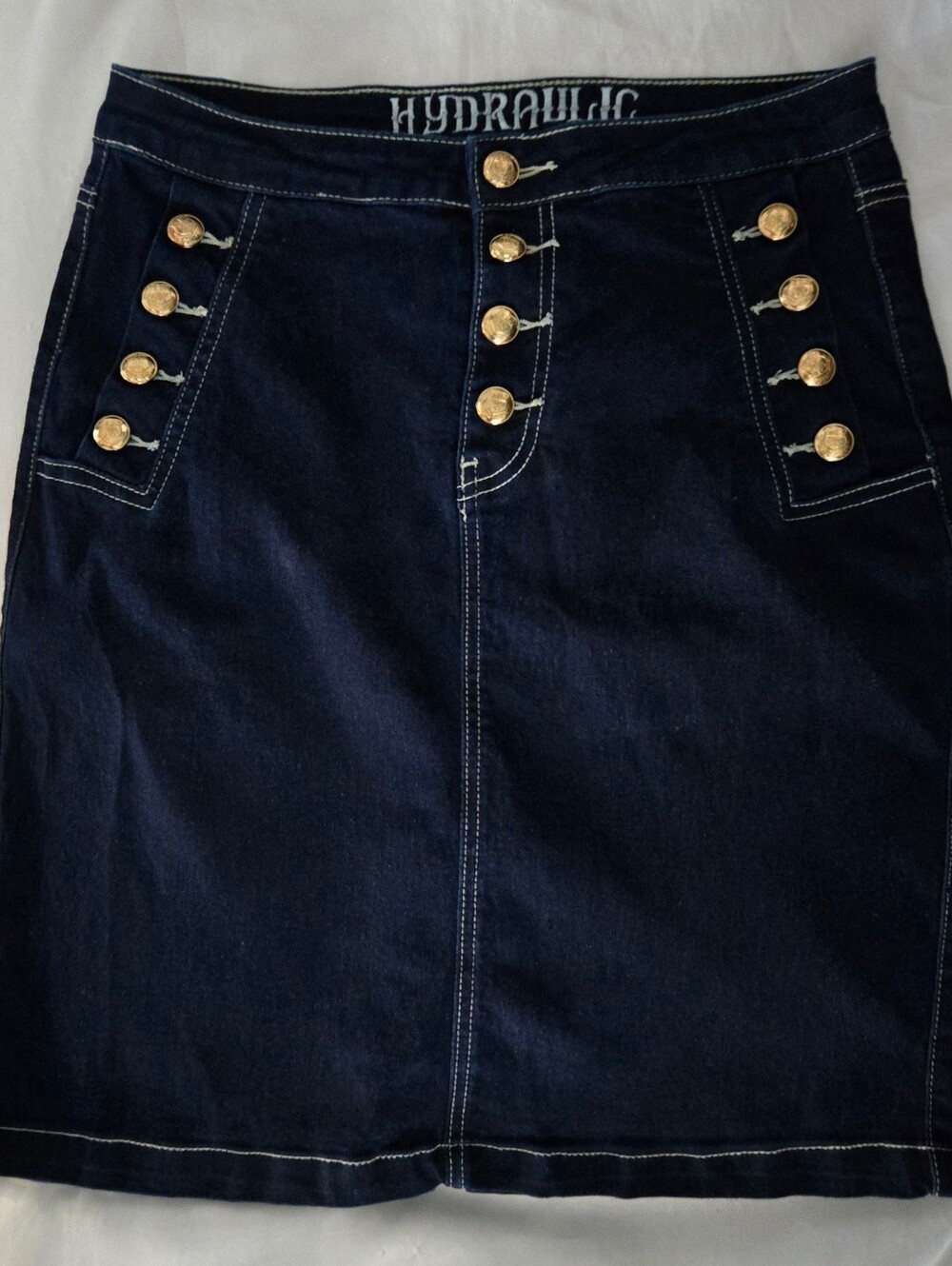 Hydraulic Denim Skirt High Rise Button Sz 6 Button Pockets Dark Wash Euc